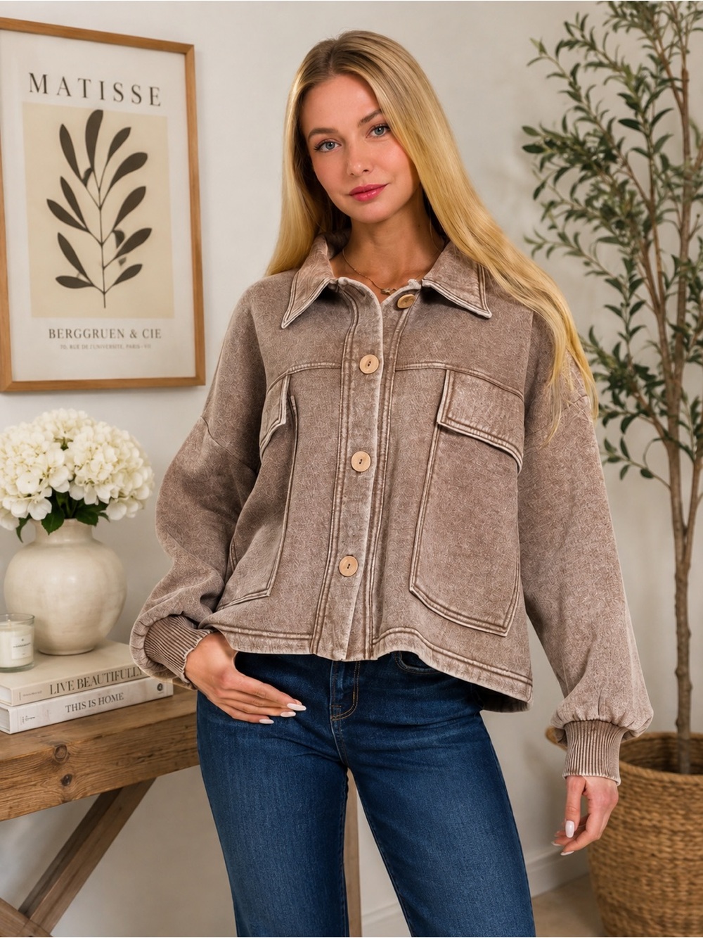 NWT MOCHA Zenana Acid-Wash Cropped Fleece Shacket